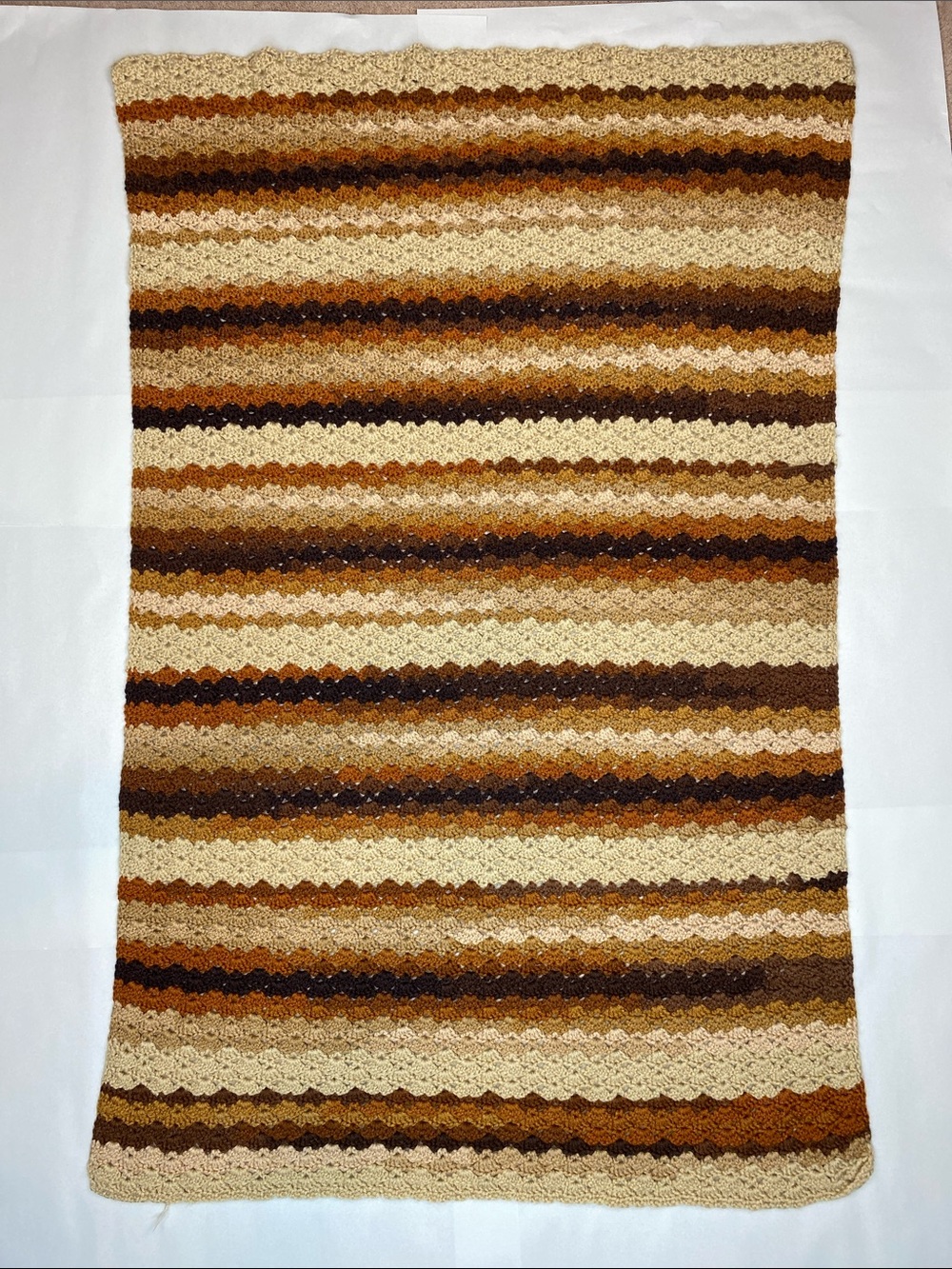 Handmade Crochet Boho Throw Blanket Brown Tan Cream Striped 50”X 34”